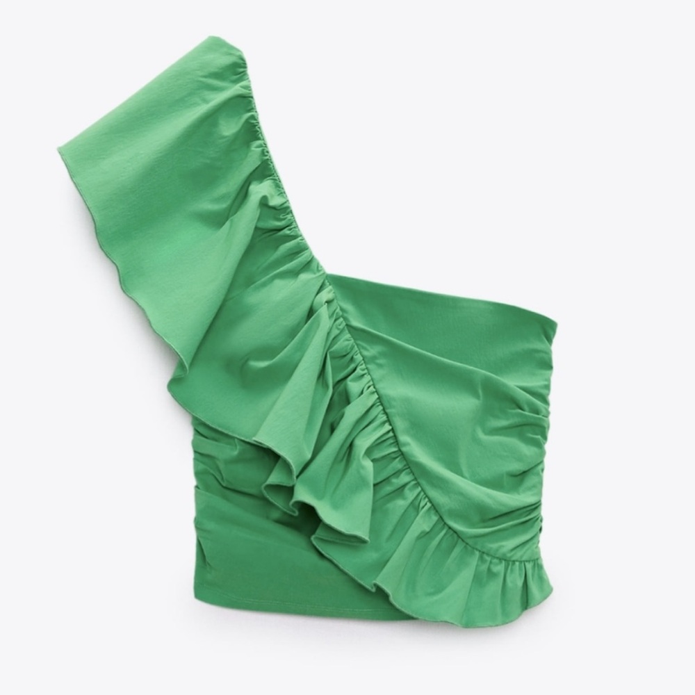 ZARA RUFFLED ASYMMETRIC ONE SHOULDER CROPPED TOP GREEN SIZE M NWT